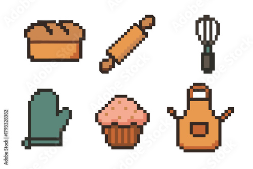 Pixel art illustrations of baking essentials, featuring a loaf of bread, rolling pin, whisk, oven mitt, cupcake, and apron in a retro style.