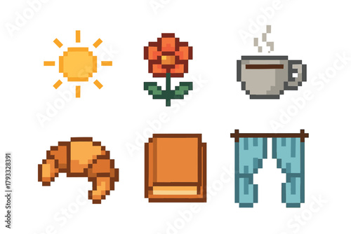 Six pixel art icons of a sun, a red flower, a steaming cup, a croissant, a closed book, and blue curtains on a white background.