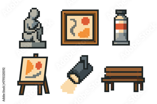 Pixel art illustration of art-related objects including a sculpture, framed painting, paint tube, easel with canvas, spotlight, and wooden bench.
