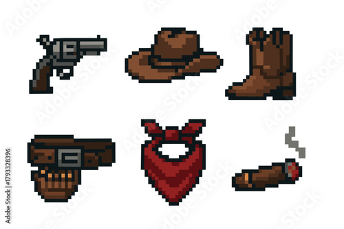 Pixel art illustrations of western-themed items, including a revolver, cowboy hat, boots, belt with bullets, red bandana, and a smoking cigar.