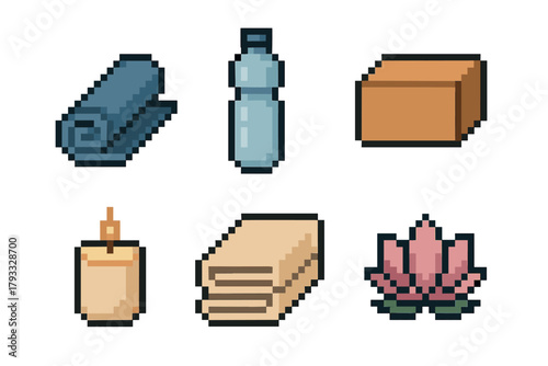 Pixel art icons of yoga essentials, including a mat, water bottle, block, candle, towels, and lotus flower for relaxation and wellness.