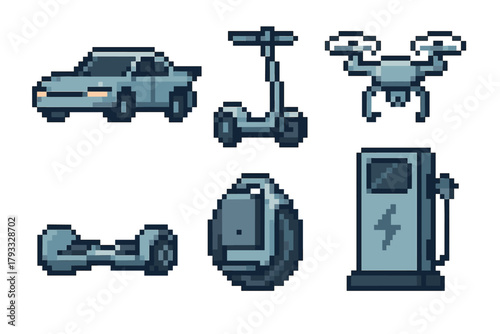 Set of pixel art icons featuring a car, scooter, drone, hoverboard, unicycle, and electric pump, representing modern transportation technologies.