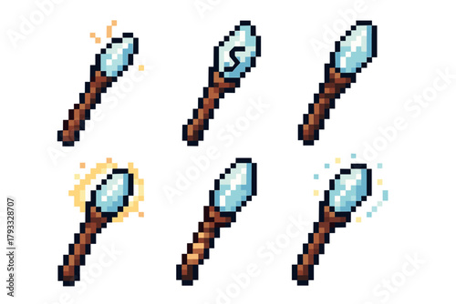 Pixel art depiction of six magical wands with crystal tips, each displaying unique enchantments and vibrant colors on a white background.