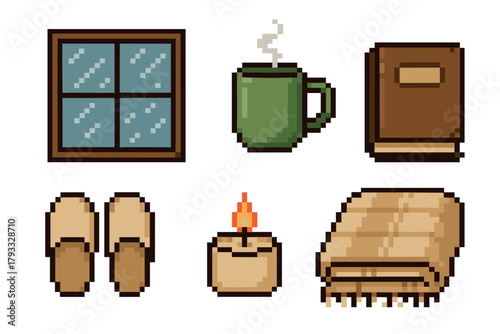 Pixel art illustration featuring a window, steaming mug, book, cozy slippers, lit candle, and a folded blanket, evoking a sense of warmth and comfort.
