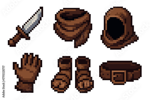 Set of pixelated brown medieval attire and accessories, including a dagger, cowl, gloves, boots, and belt, designed in a retro gaming style.