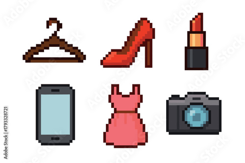 Pixel art icons of fashion and lifestyle items, including a clothes hanger, high heel shoe, lipstick, smartphone, dress, and camera.