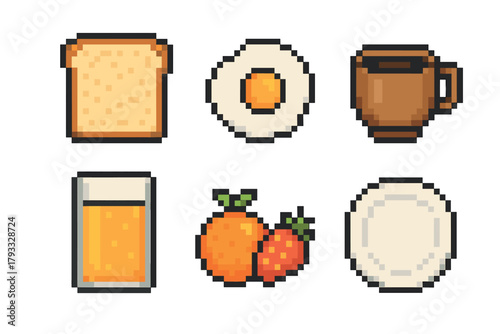 Pixel art depicting six breakfast items, including toast, a fried egg, a coffee cup, a glass of juice, two oranges, and a plain plate.