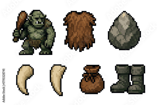 Pixel art style fantasy items including a grinning ogre with a club, a stone, a pelt, a pair of tusks, a brown bag, and brown boots.