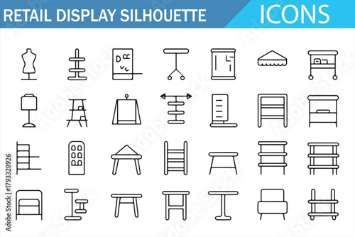 Vector set of store fixture elements in modern line art style