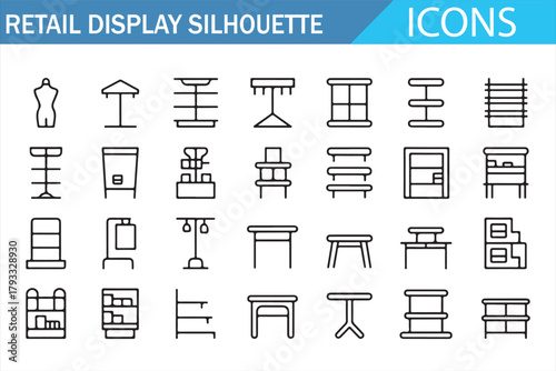 Retail showroom outline icons including racks and mannequins