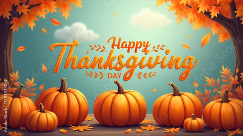 Modern minimalist design of “Happy Thanksgiving Day” text surrounded by subtle line-art pumpkins and gently falling golden leaves