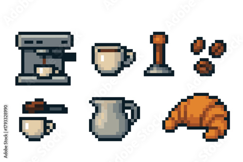 Pixel art coffee-making set featuring an espresso machine, cup, tamper, coffee beans, portafilter, milk jug, and croissant, arranged in a neat grid.