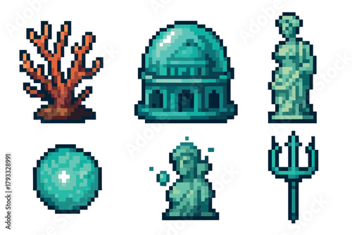Pixel art icons of underwater-themed objects including coral, a dome structure, a statue, a trident, a bubble, and a submerged sculpture.