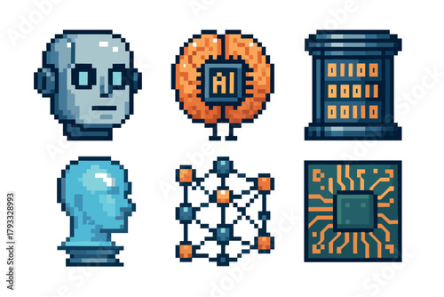 Pixel art icons depicting a robot head, ai brain, data storage unit, neural network, and circuitry pattern, representing futuristic technology concepts.