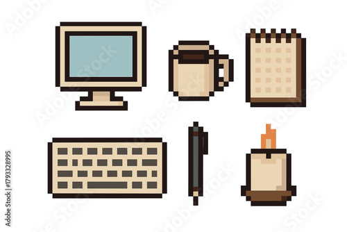Pixel art style illustration of computer monitor, keyboard, coffee mug, notepad, pen, and candle, representing office desk essentials.