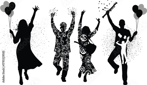 Celebration silhouette vector, festive people pose, artistic pattern design, joyful moment, balloon, guitar, swirl, confetti, abstract happiness illustration