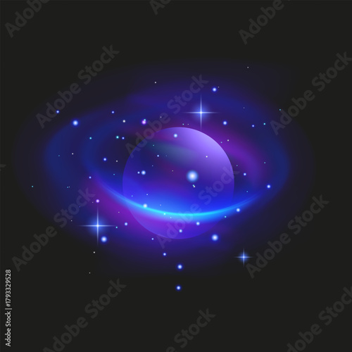 Glowing Purple Planet with Rings in Cosmic Space Neon planet with glowing rings