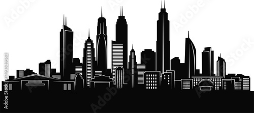 City skyline silhouette, urban architecture, skyscraper design, modern buildings, black vector illustration, metropolitan landscape, structural concept, high-rise view, cityscape art