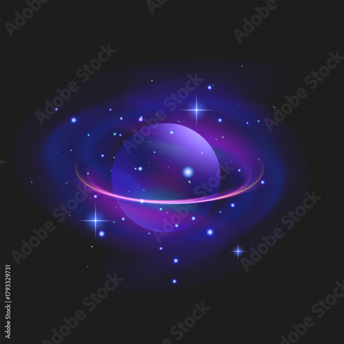 Glowing Purple Planet with Rings in Cosmic Space Neon planet with glowing rings