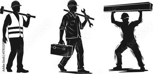 Construction Worker Silhouettes, Safety Gear, Toolbox Carrier, Sledgehammer Pose, Beam Lifter, Labor Tools, Industrial Scene, Black Figures, Helmet, Manual Work