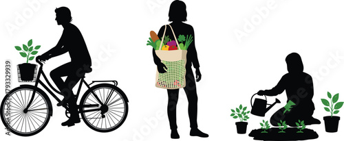 Eco-friendly lifestyle silhouette, cycling with plant, reusable grocery bag, watering garden, black vector art, sustainable living, green behavior concept