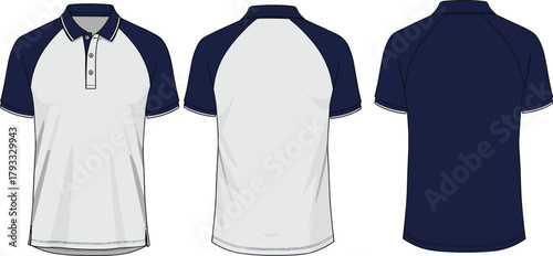 Short sleeve polo shirt, white and navy, fashion illustration, technical sketch, apparel design, front back side view, vector template