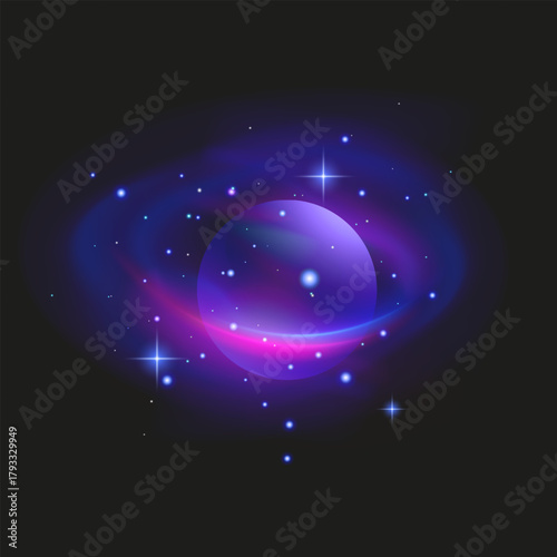 Glowing Purple Planet with Rings in Cosmic Space Neon planet with glowing rings