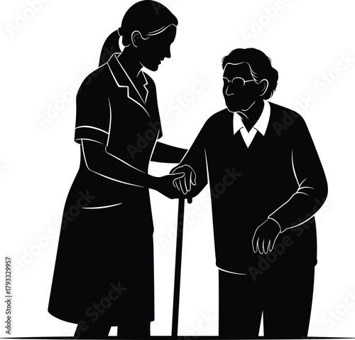 Elder care silhouette vector, caregiver helping senior, compassion, support, aging assistance, healthcare concept, cane, uniform, black and white illustration
