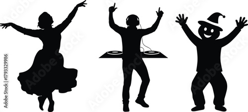 Entertainment silhouette illustration, dancer, DJ, clown figure, festive celebration, black vector art, performance concept, cultural joy, party expression, fun