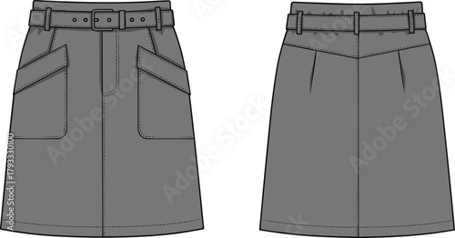 Technical skirt flat sketch, fashion design template, front and back view, apparel construction detail, garment illustration, belt, pockets, seams