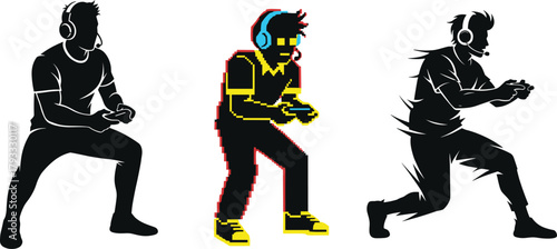 Gamer silhouettes, headset players, pixel art, dynamic pose, video game controller, retro style, black vector illustration, digital gaming concept