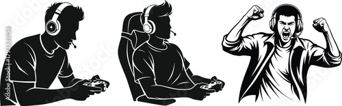 Gaming Silhouette Trio, Headset Players, Controller Action, Celebrating Gamer, Emotional Reaction, Multiplayer Culture, Tech Lifestyle, Black and White Illustration, Focused Pose