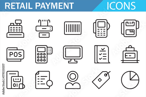 POS system outline icon collection for store and shopping graphics