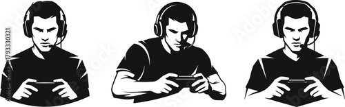 Mobile Gaming Silhouettes, Headset Users, Handheld Console, Multiplayer Interaction, Streaming Culture, Focused Gamers, Tech Lifestyle, Communication Gear, Black and White Illustration