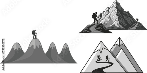 Mountain hiking silhouette, backpack traveler, snow peak path, outdoor adventure, nature exploration, black vector illustration, trekking concept, scenic journey art