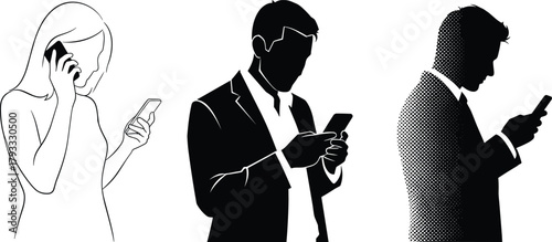 Smartphone user silhouette, business posture, halftone style, line art, digital communication, mobile device usage, black vector illustration, tech concept