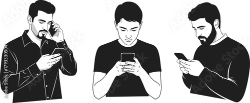 Smartphone user silhouettes, multitasking behavior, digital focus, mobile addiction, black vector art, modern tech lifestyle, abstract pose, device engagement concept