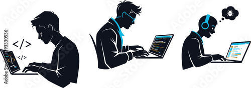 Software Developer Silhouettes, Coding, Debugging, Laptop Work, HTML Tags, Bug Fixing, Tech Roles, Programming Concept, Digital Workspace, Headphones