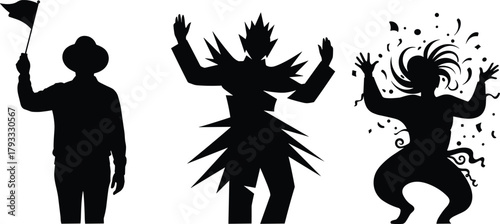 Stylized Silhouette Characters, Flag Holder, Energetic Pose, Dancing Figure, Celebration Scene, Artistic Motion, Abstract Style, Black Figures, Festive Expression, Unique Design