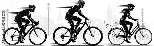 Urban cycling silhouette, road bike riders, city commute, casual cyclist, motion speed lines, helmet gear, street lamps, black vector, fitness ride