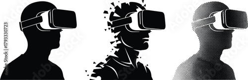 Virtual reality silhouette, polygon style, halftone pattern, immersive experience, black figure, tech concept, headset user, digital transformation, vector art