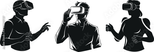 Virtual reality silhouettes, immersive tech users, headset interaction, abstract pose, black vector art, digital experience, futuristic gesture, modern VR concept