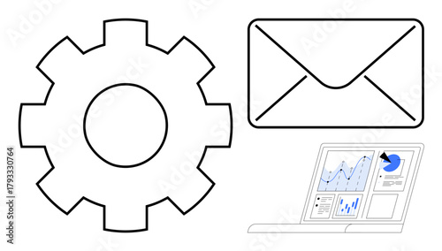 Gear symbolizing workflow, envelope for communication, laptop displaying analytics. Ideal for teamwork, business, productivity, operations, digital strategies, planning simple flat metaphor