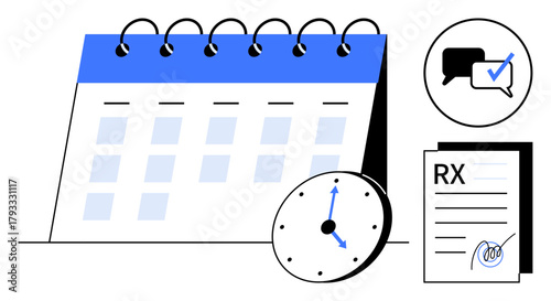Calendar with marked dates, analog clock, signed prescription, and chat bubble with approval. Ideal for scheduling, medical appointments, task organization, planning, reminders productivity simple