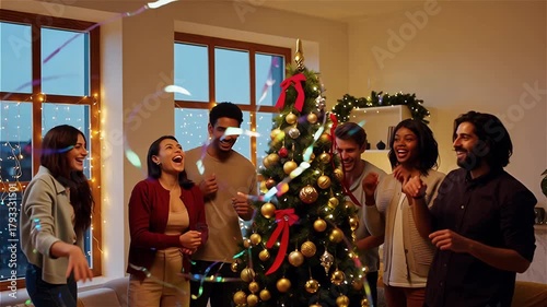 Friends at the Christmas tree: New Year's Eve party with confetti, laughter and lights in a cozy living room​