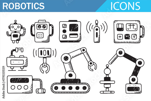 Minimal Outline Icon Set of Automation, Robotics Technology, and Mechanical Systems