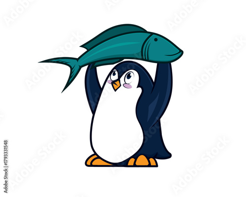 Cute Penguin Catching Fish Illustration visualized with Cartoon Style