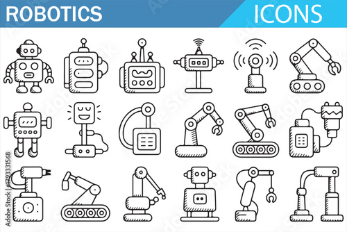 Industrial Robotics Line Icons Featuring Robotic Arms, Robot Character, and Control Devices