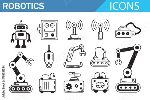 Robotics and Automation Line Icons Collection Featuring Robot, Control Panels, Robotic Arms, Conveyor System, and Industrial Technology Elements in Clean Minimal Outline Style