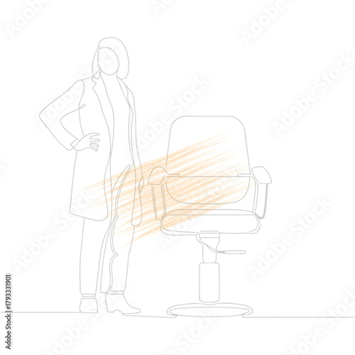 Woman in Coat Standing Next to Salon Chair Keywords: woman, coat, standing, salon chair, beauty